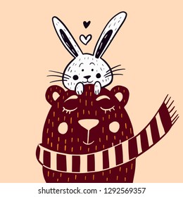 Illustration of a cute bear with a scarf and a rabbit