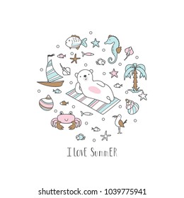 Illustration with cute bear sunbathing and sea elements arranged in a round shape. Vector background.