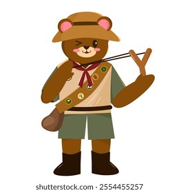 Illustration of a cute bear wearing a boy scout adventure outfit playing with a catapult