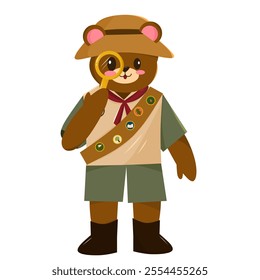 Illustration of a cute bear wearing a scout outfit with a magnifying glass in his hand