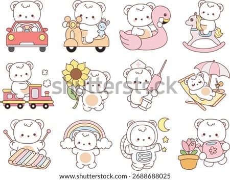 Illustration of cute bear winter icon. bear winter with a variation of transportation