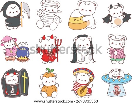 Illustration of cute bear winter icon with halloween theme. Bear santa winter with variation of happy Halloween 