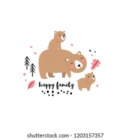 Illustration with cute bears family in forest isolated on white background. Vector background for children.