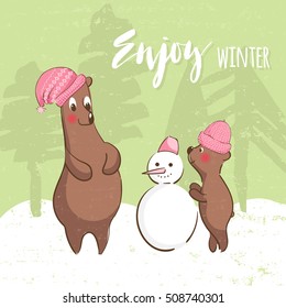 Illustration with cute bears. Happy Mother-bear and cub make a snowman. Winter time.Kids illustration, postcard. Enjoy winter.