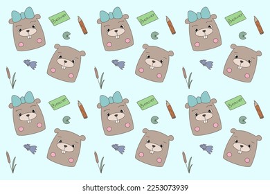 Illustration cute beavers pattern vector 