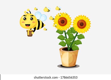 Illustration of a cute bee carrying honey