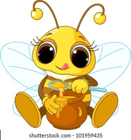 Illustration of Cute Bee eating honey