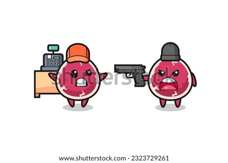 illustration of the cute beef as a cashier is pointed a gun by a robber , cute style design for t shirt, sticker, logo element