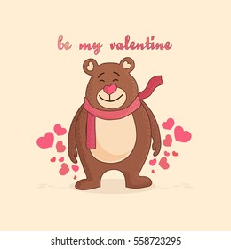 Illustration of a cute Beer saying Be My Valentine on Hearts decorated background for Valentine's Day Celebration.