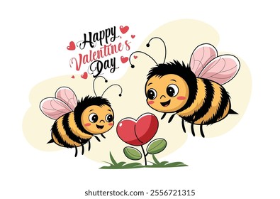 Illustration of cute bees celebrating love with heart flower on Valentine's Day on white background.