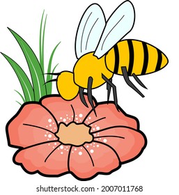 illustration of cute bees on a flower in bloom on a white background