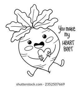 Illustration of a cute beet holding a heart with a phrase, coloring page
