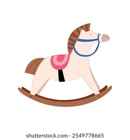 An illustration of a cute beige toy rocking horse with pink saddle.