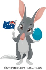 Illustration of a Cute Bilby Mascot Holding an Australian Flag and Easter Egg