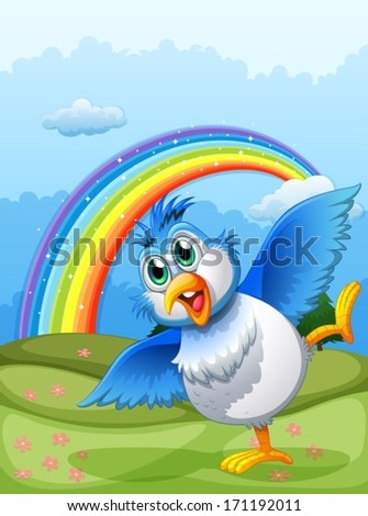 Illustration of a cute bird at the hilltop with a rainbow in the sky