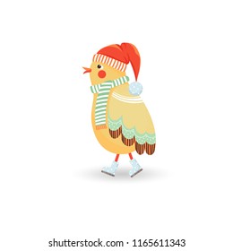 Illustration with cute bird in red cap and green scarf isolated on white in cartoon style. Vector illustration for children.
