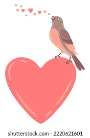 Illustration of cute bird singing and sitting on heart. Image of birdie in simple style.