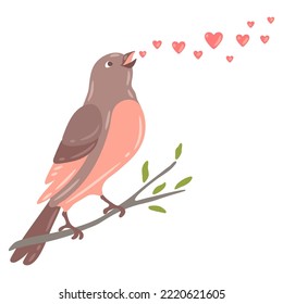 Illustration of cute bird singing and sitting on branch. Image of birdie in simple style.