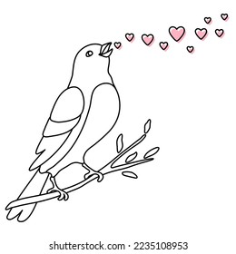 Illustration of cute bird singing and sitting on branch. Image of birdie in simple style.