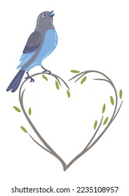 Illustration of cute bird singing and sitting on branch. Image of birdie in simple style.