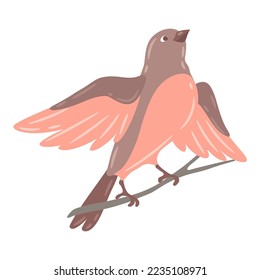 Illustration of cute bird sitting on branch. Image of birdie in simple style.