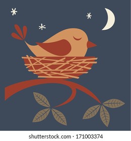 Illustration of cute bird sleeping in a nest.