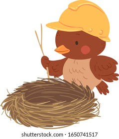 Illustration of a Cute Bird Wearing Yellow Construction Hard Hat, Holding a Stick and Building a Nest