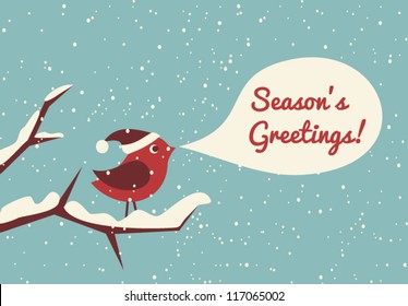 Illustration of a cute bird in a winter forest celebrating Christmas.