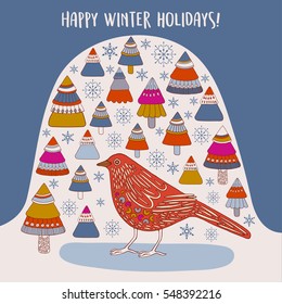 Illustration of cute bird with winter trees.