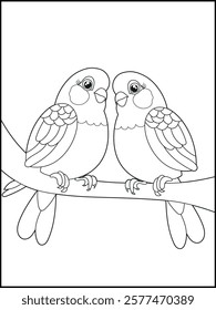 Illustration of cute birds cartoon characters. Black and white Printable bird coloring page for kids.
