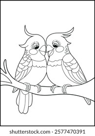 Illustration of cute birds cartoon characters. Black and white Printable bird coloring page for kids.
