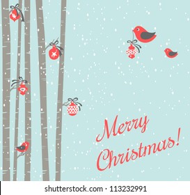 Illustration of cute birds decorating trees for Christmas.