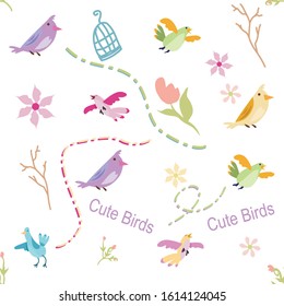 illustration of cute birds and flowers pattern background