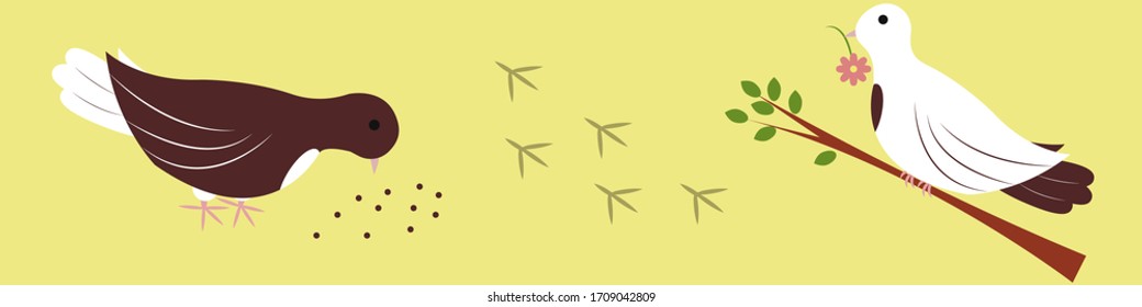 Illustration with cute birds and footprints. Vector set with dove on a branch and pigeon, wich pecks seeds