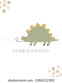 Illustration with a cute Birthday dinosaur in a simple hand drawn style. Funny character on a holiday greeting card. Mischief design for kids prints.