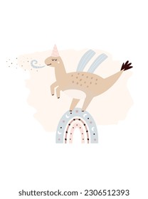 Illustration with a cute Birthday dinosaur in a simple hand drawn style. Funny character on a holiday greeting card. Mischief design for kids prints.