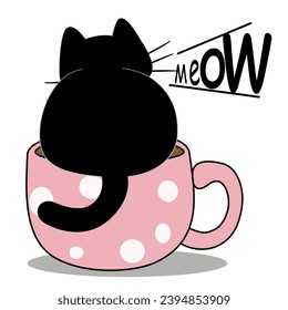 una ilustración de un gato negro de Cute sentado detrás en una taza de punto de polka rosa