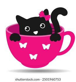 Illustration of a cute black cat with a bow in a pink cup on a white background.