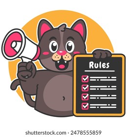Illustration of Cute Black Cat Cartoon Character Holding a Checklist or list of rules and a Megaphone