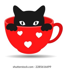 Ilustración de un lindo gato negro en una taza roja con sombra y corazones sobre un fondo blanco