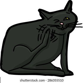 Illustration of cute black cat scratching himself