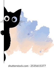 Ilustración de un lindo gato negro con bigotes que se asoman desde detrás de una pared con un fondo de acuarela suave en azul pastel y beige. Perfecto para Diseños juguetones y caprichosos.