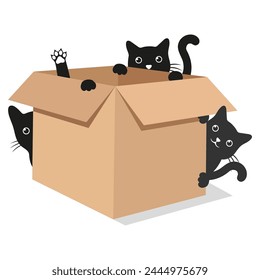 Illustration of cute black cats in cardboard box isolated on white background.