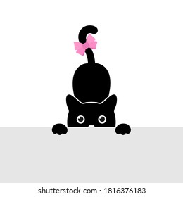 illustration of a cute black kitten with a bow looking at the table