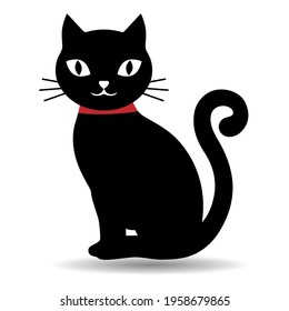 illustration of a cute black kitten with a red collar on a white background