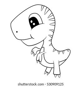 Illustration of Cute Black and White Cartoon of Baby T-Rex Dinosaur. Vector.