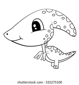 Illustration of Cute Black and White Cartoon Blue Baby Parasaurolophus Dinosaur. Vector EPS 8.