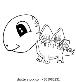 Illustration of Cute Black and White Cartoon Baby Stegosaurus Dinosaur. Vector EPS 8.
