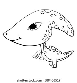 Illustration of Cute Black and White Cartoon Baby Parasaurolophus Dinosaur. Vector EPS 8.
