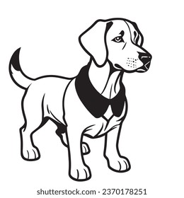 An illustration of a cute black-and-white puppy, possibly a beagle, pointer or cop dog, made in monochrome